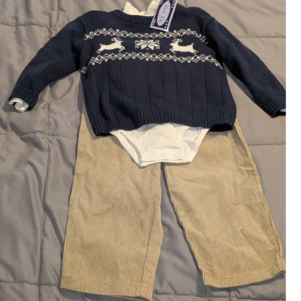 Koala Kids 36M 3T Navy Reindeer Fair Isle Sweater Corduroy Pant Bodysuit Set NWT